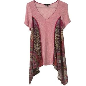 Poeme By Citron Mixed Media Animal Print Floral V-Neck Tunic Top Sz XL